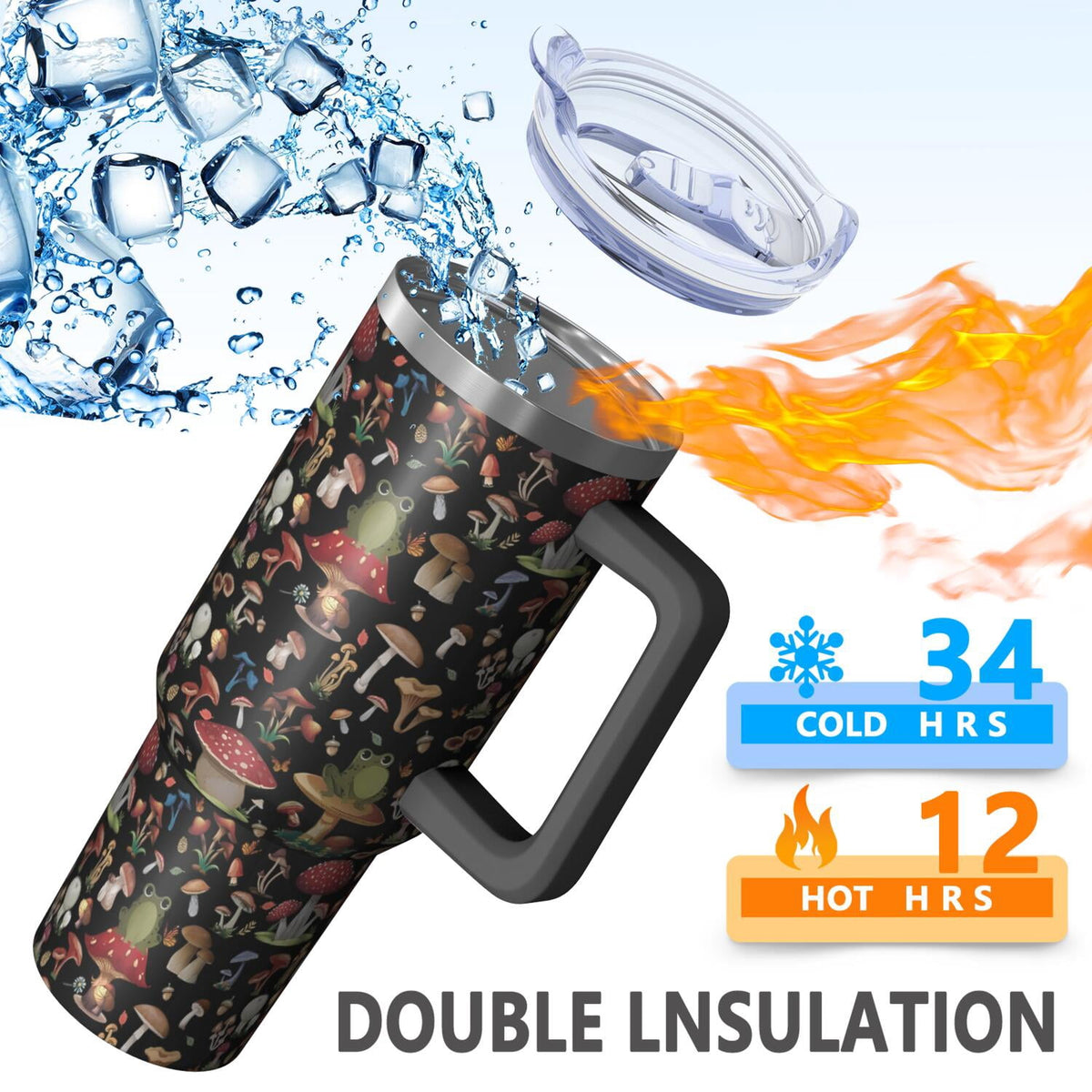 Lunabuddy™ Stylish 40oz Mushroom Tumbler with Handle, Flip Straw Lid, Leakproof Travel Cup Gift