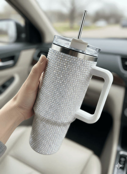 Lunabuddy™ Thirstee 40 oz Rhinestone Tumbler with Handle and Metal Straw Lid, White Bling Insulated Travel Mug