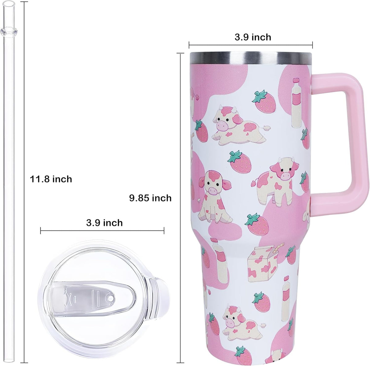 Lunabuddy™ 40 oz Cute Strawberry Cow Tumbler with Handle and Straw, Stainless Steel Insulated Cup with Lid and Straw, Travel Mug Water Bottle, Gifts for Women