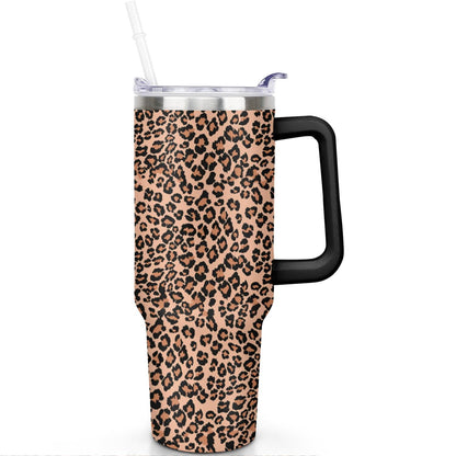 Lunabuddy™ 40oz Fashion Leopard Pattern Stainless Steel Flip Straw Tumbler Spill Proof Travel Cup Double Wall Vacuum Insulated Coffee Mug with Top Handle