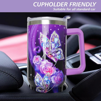 Lunabuddy™ 40 oz Tumbler with Handle and Straw Lid, Purple Butterfly Insulated Cup, Double Vacuum Leak Proof Coffee Travel Mug, Flower Stainless Steel Water Bottle Gifts for Women Girls