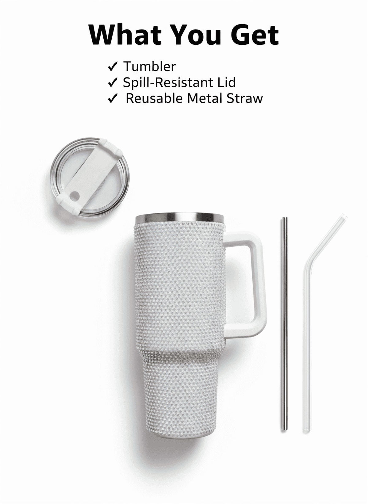 Lunabuddy™ Thirstee 40 oz Rhinestone Tumbler with Handle and Metal Straw Lid, White Bling Insulated Travel Mug