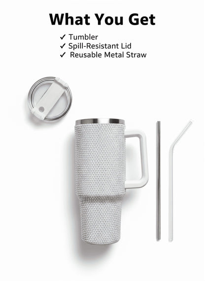 Lunabuddy™ Thirstee 40 oz Rhinestone Tumbler with Handle and Metal Straw Lid, White Bling Insulated Travel Mug