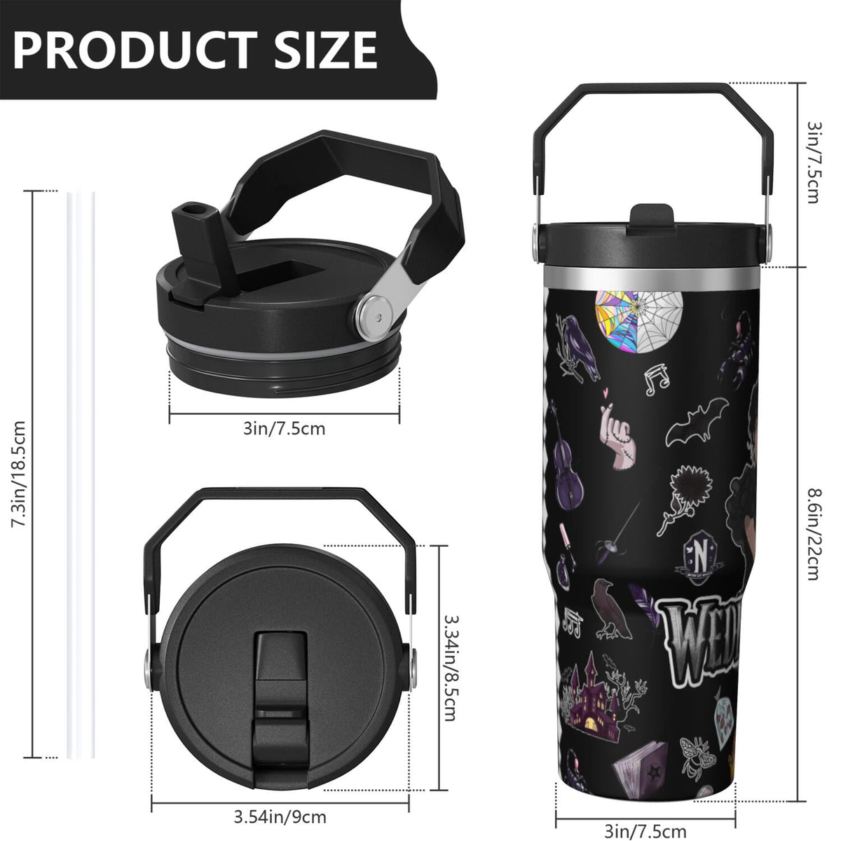 Lunabuddy™ 30oz Wednesday Girl Stainless Steel Tumbler with Lid and Straw,Wednesday Stuff Merchandise Spill Proof Travel Cup Double Wall Vacuum Insulated Coffee Mug with Top Handle Black