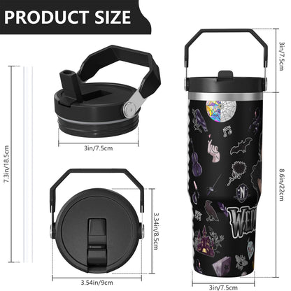 Lunabuddy™ 30oz Wednesday Girl Stainless Steel Tumbler with Lid and Straw,Wednesday Stuff Merchandise Spill Proof Travel Cup Double Wall Vacuum Insulated Coffee Mug with Top Handle Black