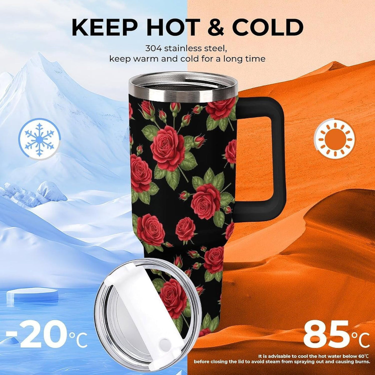Lunabuddy™ 40 oz Insulated Floral Flowers Red Rose Coffee Tumbler with Portable Handle, Stainless Steel Vacuum Travel Mug for Unisex Home, Office Use