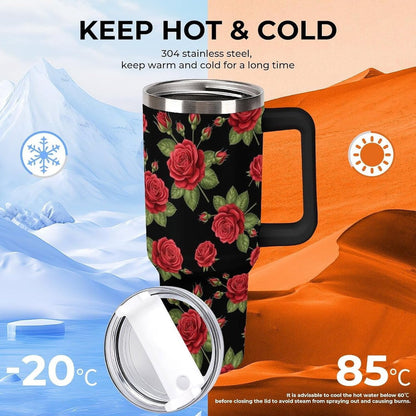 Lunabuddy™ 40 oz Insulated Floral Flowers Red Rose Coffee Tumbler with Portable Handle, Stainless Steel Vacuum Travel Mug for Unisex Home, Office Use