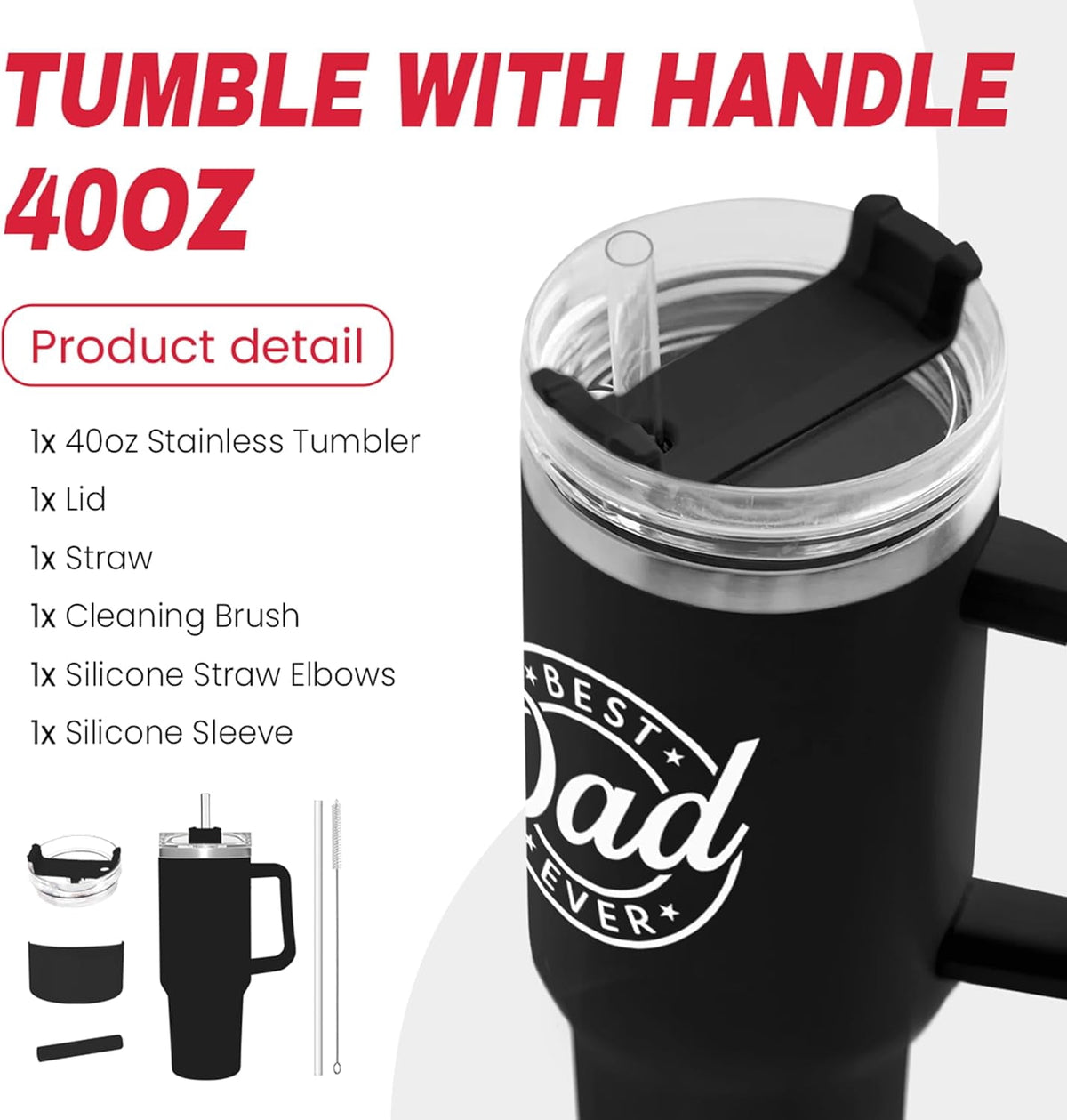 Lunabuddy™ Best Dad Ever Tumbler with Handle 40oz Stainless Steel Insulated - Dad Gifts for Dad from Daughter Son - Coffee Tumbler for Dad Father''s Day Birthday Christmas Cup Gift Set with Lid & Straw
