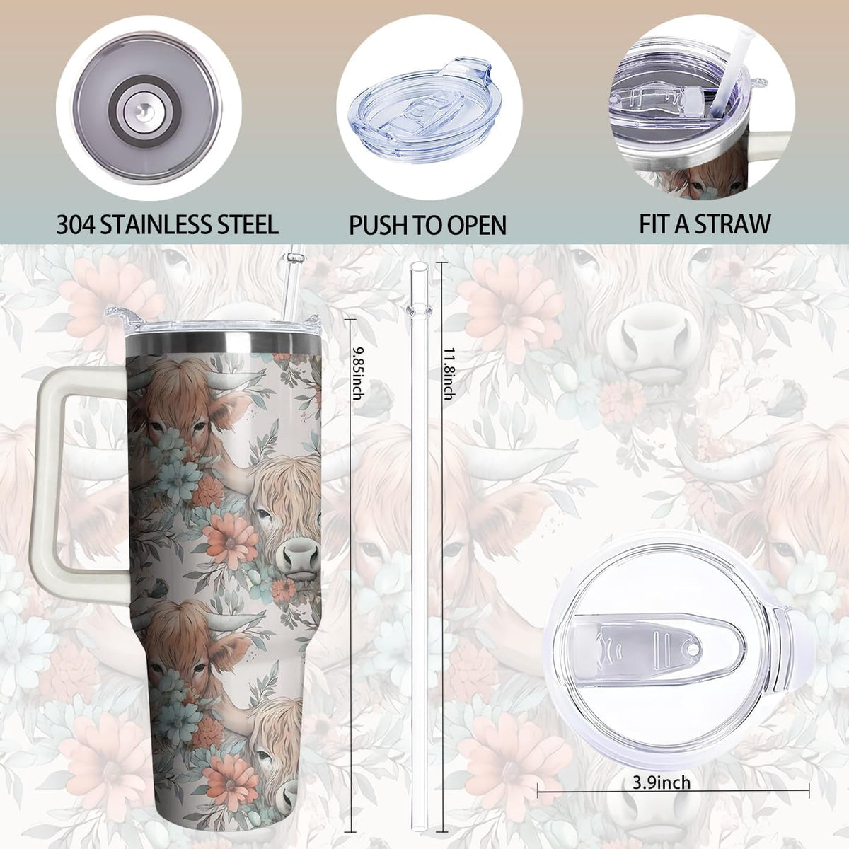 Lunabuddy™ 40oz Cute Highland Cow Tumbler with Handle and Straw, Animal Lovers Gifts for Women, Cattle Stainless Steel Travel Mug Water Bottle, Vacuum Insulated Cup with Lid