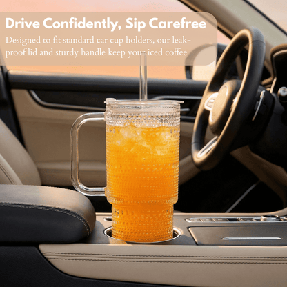 Lunabuddy™ 26oz Drinking Glasses with Handle & Lid – 2-Pack Large Iced Coffee Cups with Straws, Modern Glass Tumbler for Cold & Hot Beverages, Aesthetic Travel Cup for Smoothies, Tea, and Juice