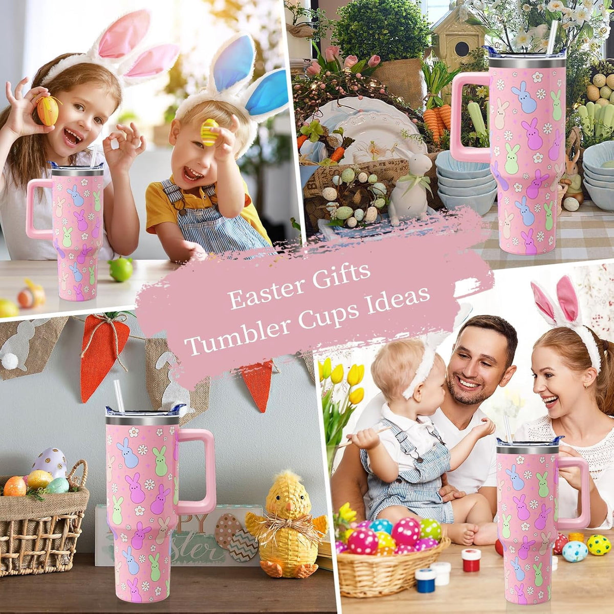Lunabuddy™ Easter Day Gifts 40oz Tumbler with Handle and Straw, Cute Bunnies Buddies Spring Stainless Steel Insulated Cup, Colorful Holiday Bunny Water Bottle Gifts for Women Men (1PC)