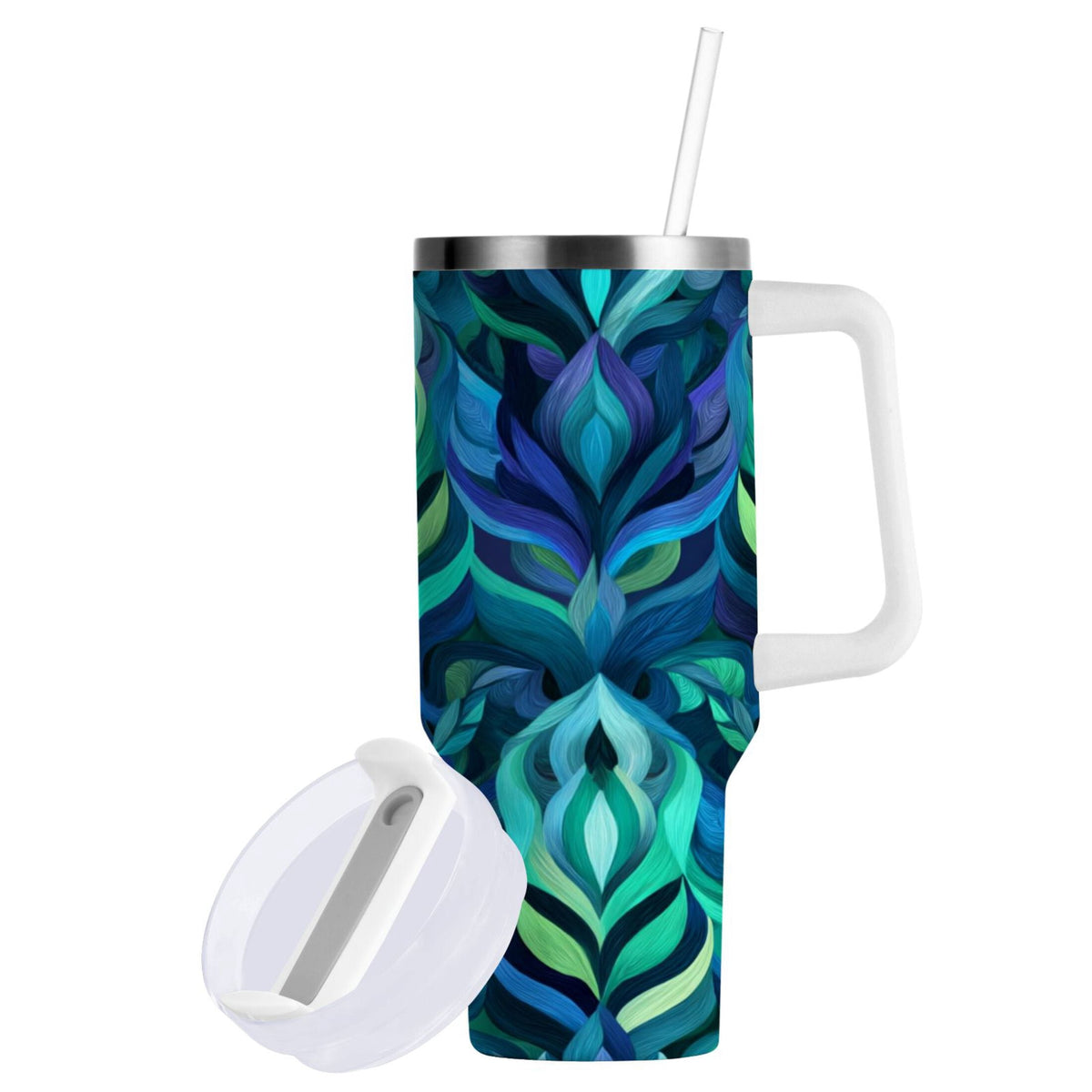 Lunabuddy™ 40 oz Insulated Stainless Steel Tumbler Double Wall Stainless Steel Tumbler with 2-Way Drinking Elegant Blue Abstract Shapes