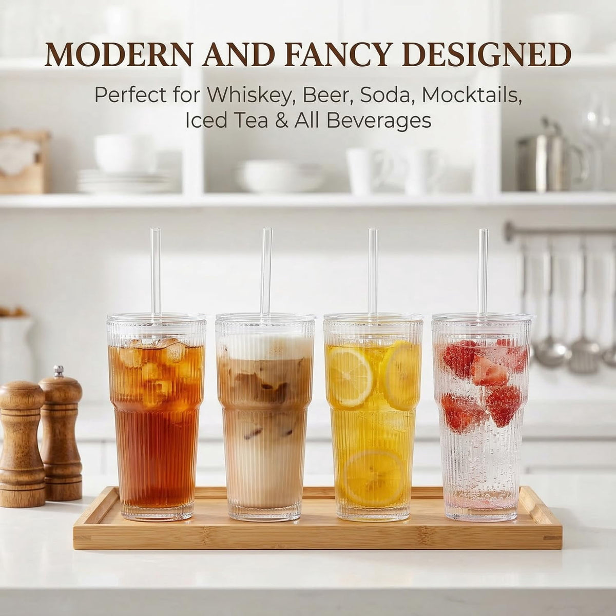 Lunabuddy™ 20 oz Clear Ribbed Glass Tumbler with Lid and Straw, Spill-proof Iced Coffee Cups, Hobnail Drinking Set of 4, Vintage Glassware