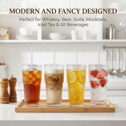 Lunabuddy™ 20 oz Clear Ribbed Glass Tumbler with Lid and Straw, Spill-proof Iced Coffee Cups, Hobnail Drinking Set of 4, Vintage Glassware