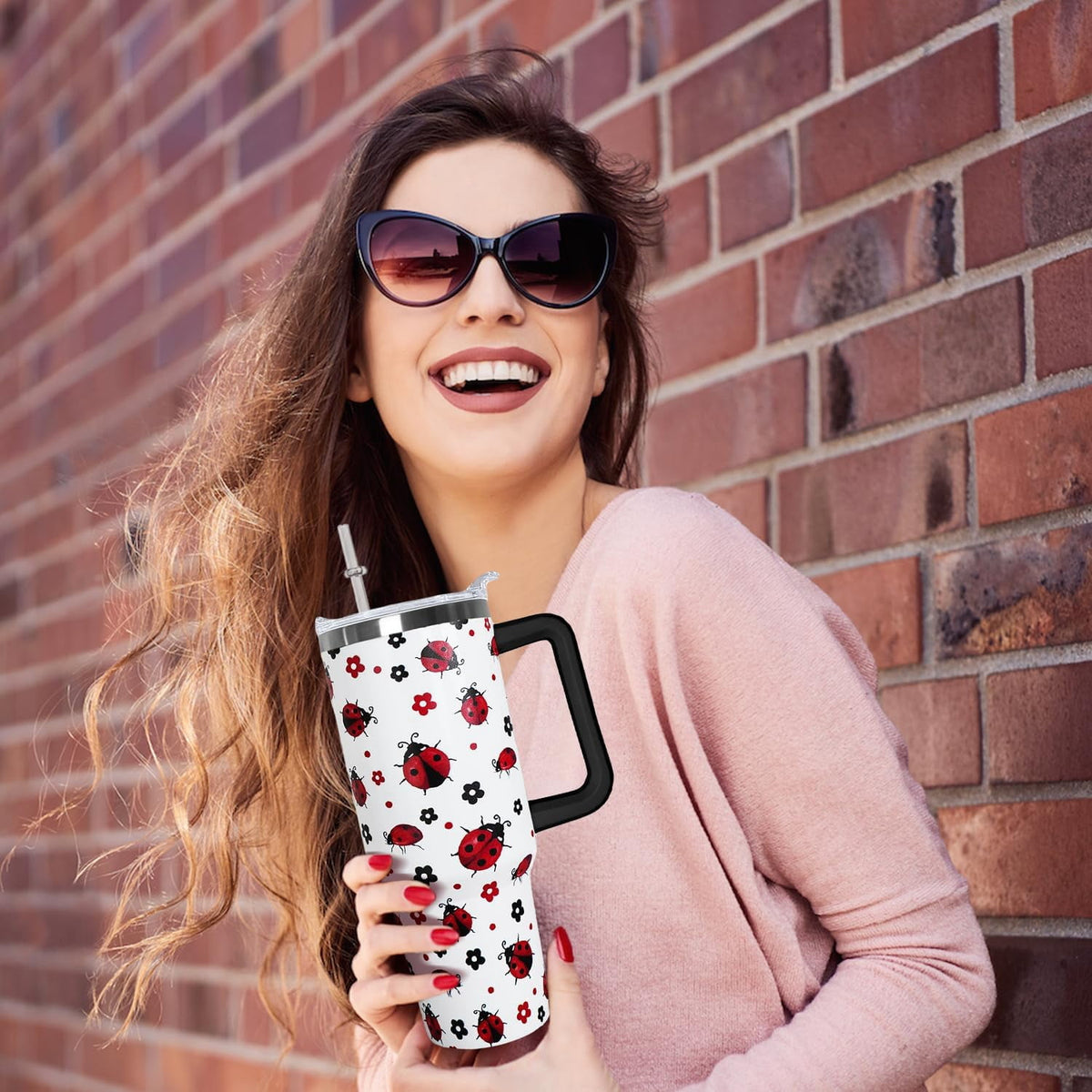 Lunabuddy™ 40 Oz Ladybug Tumbler With Handle - Coffee Travel Mug Cup Water Bottle, Strawberry Decor - Gifts for Women