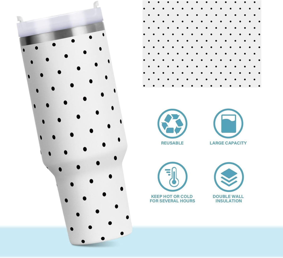 Lunabuddy™ 40 oz Tumbler with Handle Lid and Straw Insulated Water Tumbler Stainless Steel Water Cup Mug Bottle Reusable Cup Holder Friendly Polka Dot White
