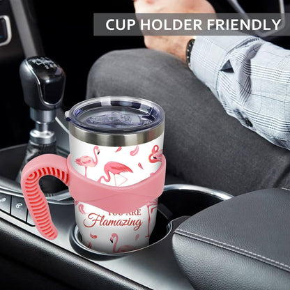 Lunabuddy™ 40 oz Tumbler with Handle and Straw 40oz Pink Flamingo Cup Insulated Coffee Travel Mug Spill Proof Leak Proof 40 ounce Stainless Steel Slim 40 oz tumbler with handle and Lid
