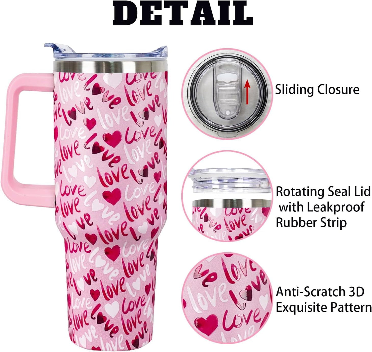 Lunabuddy™ 40 Oz Valentines Day Tumbler 3d-Printed Pink Love Tumbler Gifts for Couple Women Men Insulated Travel Cup with Handle Lid and Straw