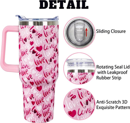 Lunabuddy™ 40 Oz Valentines Day Tumbler 3d-Printed Pink Love Tumbler Gifts for Couple Women Men Insulated Travel Cup with Handle Lid and Straw