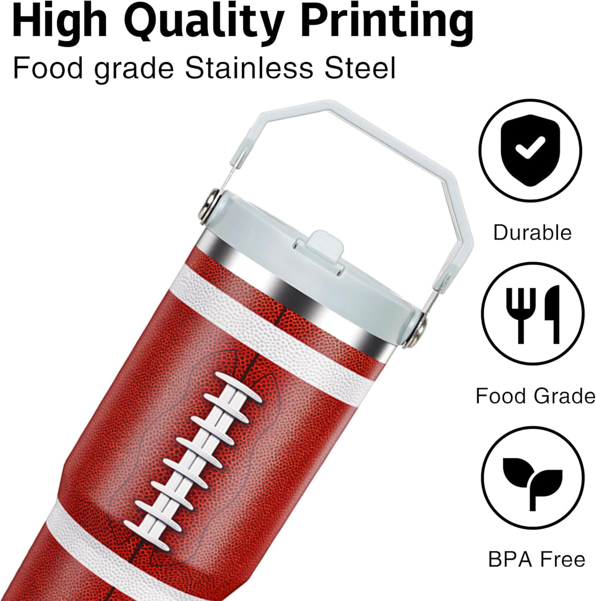Lunabuddy™ Football Lover Gift 30 oz Flip Straw Tumbler with Top Handle Football Pattern BPA-Free Leak Proof Stainless Steel Insulated Vacuum Flip Top Water Bottle for Sporting Working