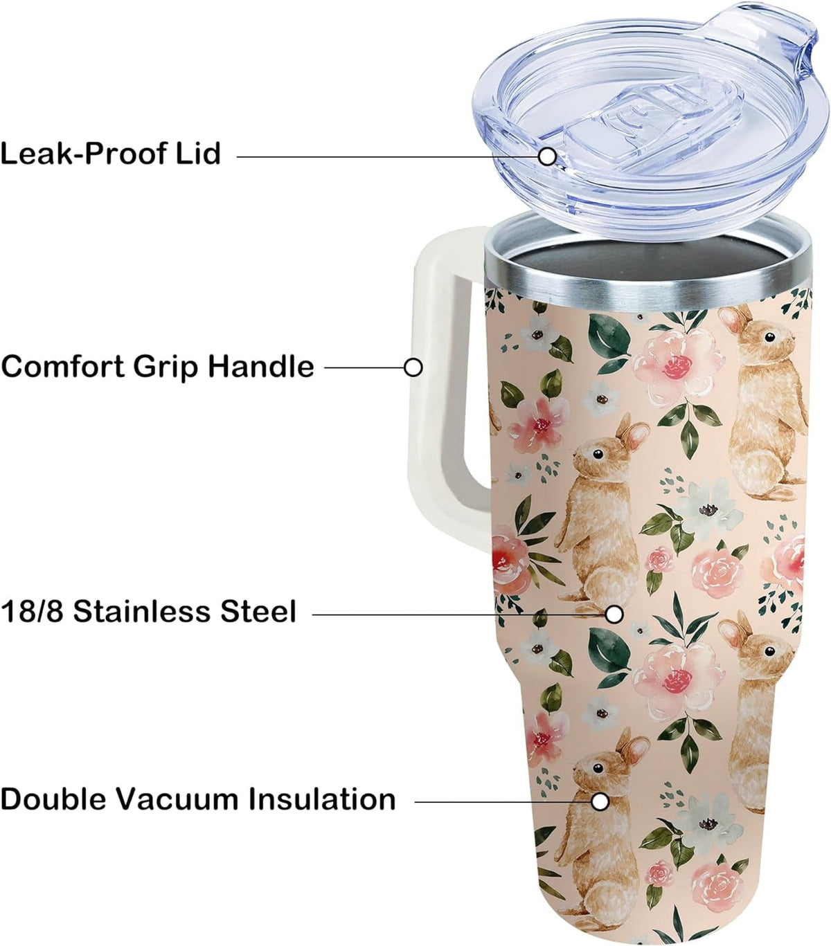 Lunabuddy™ 40oz Easter Bunny Tumbler with Handle and Straw, Rabbit Stainless Steel Travel Mug Water Bottle, Vacuum Insulated Cup, Gifts for Women Bunny Lovers