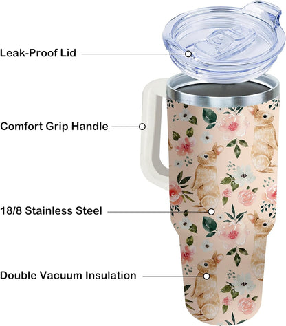 Lunabuddy™ 40oz Easter Bunny Tumbler with Handle and Straw, Rabbit Stainless Steel Travel Mug Water Bottle, Vacuum Insulated Cup, Gifts for Women Bunny Lovers