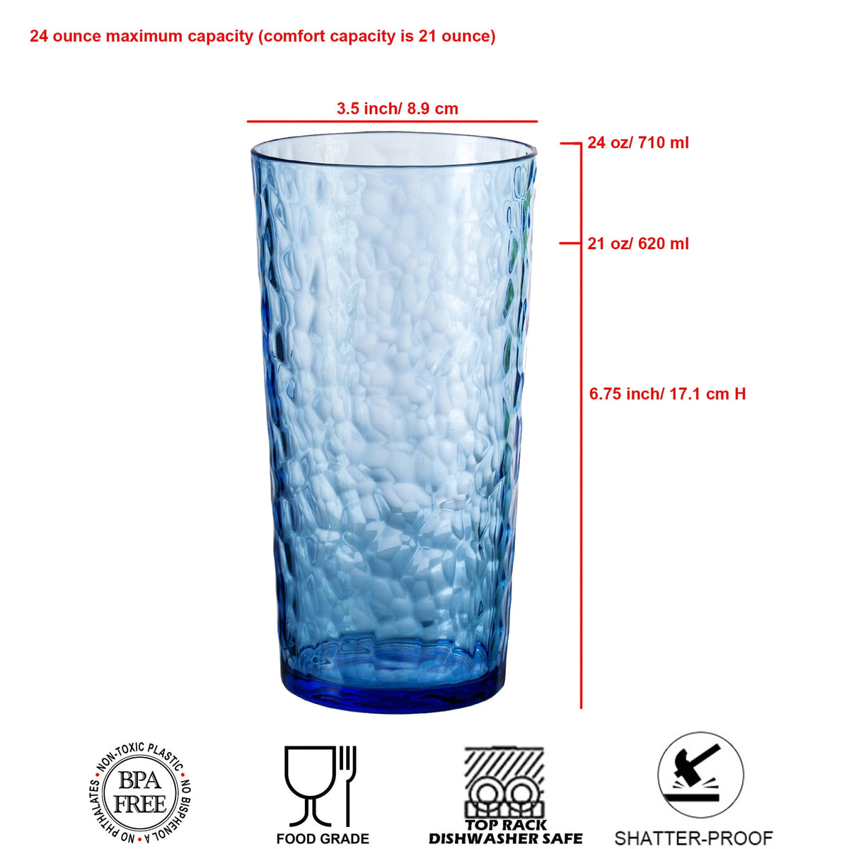 Lunabuddy™ ZAINCA Hammered 24 ounce Plastic Drinking Tumbler Acrylic Glasses, Set of 8 Multicolor