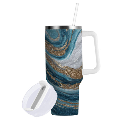 Lunabuddy™ 30 oz Insulated Stainless Steel Tumbler Double Wall Stainless Steel Tumbler with 2-Way Drinking Blue and Gold Swirling