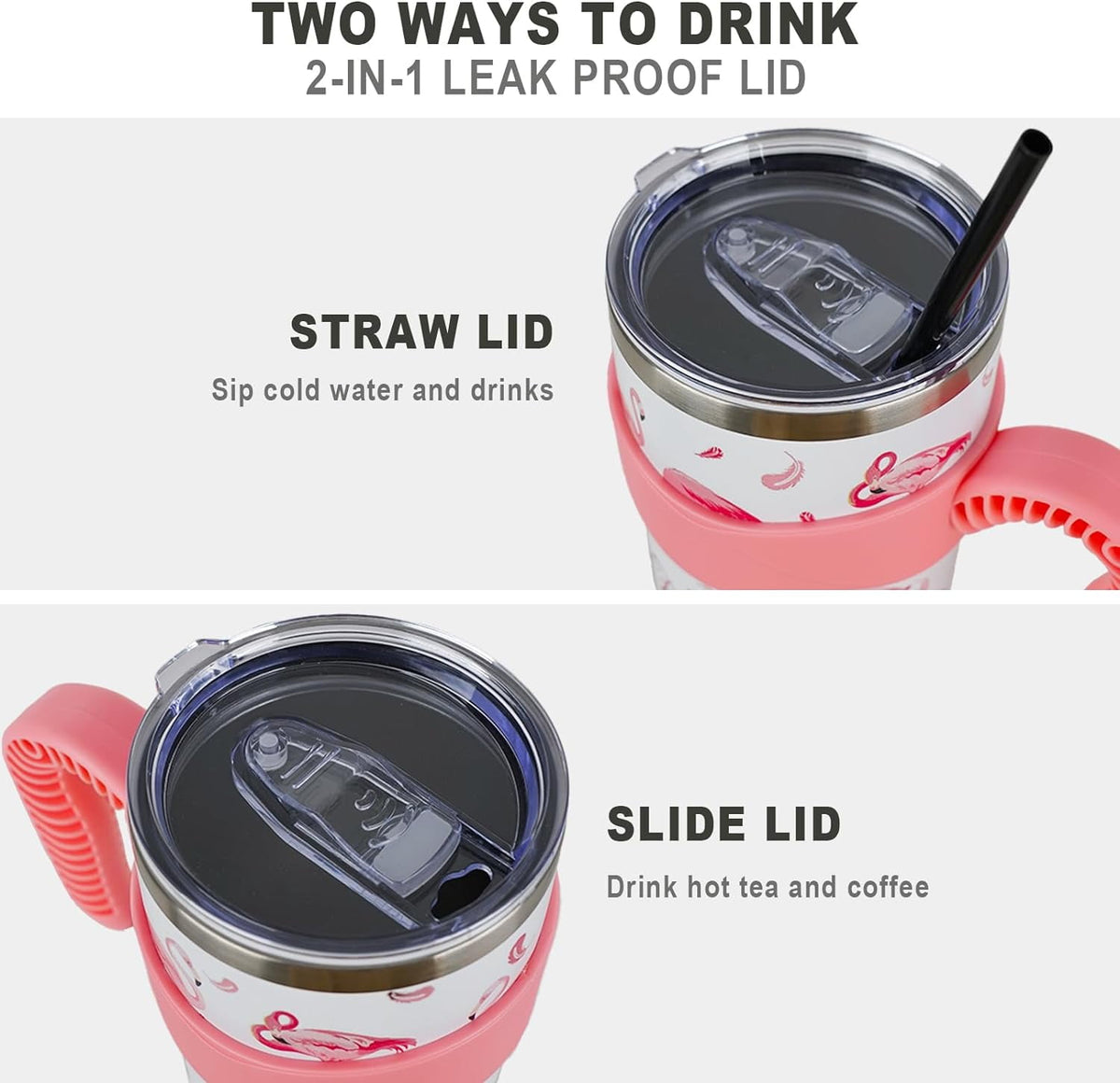 Lunabuddy™ 40 oz Tumbler with Handle and Straw 40oz Pink Flamingo Cup Insulated Coffee Travel Mug Spill Proof Leak Proof 40 ounce Stainless Steel Slim 40 oz tumbler with handle and Lid