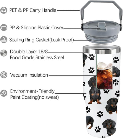 Lunabuddy™ Dachshund Dog Tumbler with Lid and Straw 30 Oz Weenie Dog Tumbler Insulated Weiner Dog Water Bottle Cup with Handle Weiner Dog Gifts for Women Men