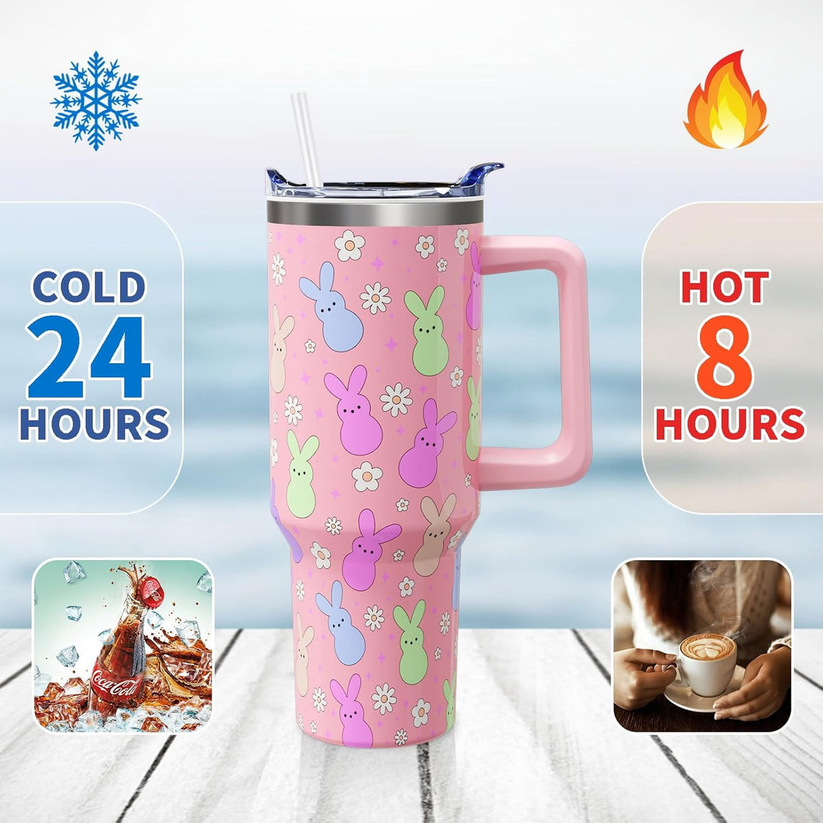 Lunabuddy™ Easter Day Gifts 40oz Tumbler with Handle and Straw, Cute Bunnies Buddies Spring Stainless Steel Insulated Cup, Colorful Holiday Bunny Water Bottle Gifts for Women Men (1PC)