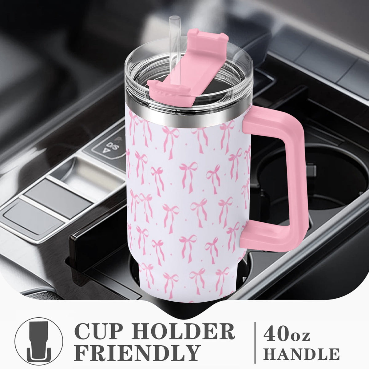 Lunabuddy™ 40oz Elegant Pink Bow Tumbler - Insulated Travel Mug with Handle, Reusable Straw & Leak-Proof Lid|Women's Gift for Birthday, Mother's Day, Valentine's & Holidays