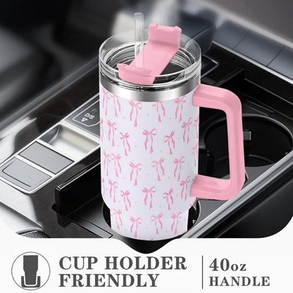 Lunabuddy™ 40oz Elegant Pink Bow Tumbler - Insulated Travel Mug with Handle, Reusable Straw & Leak-Proof Lid|Women's Gift for Birthday, Mother's Day, Valentine's & Holidays