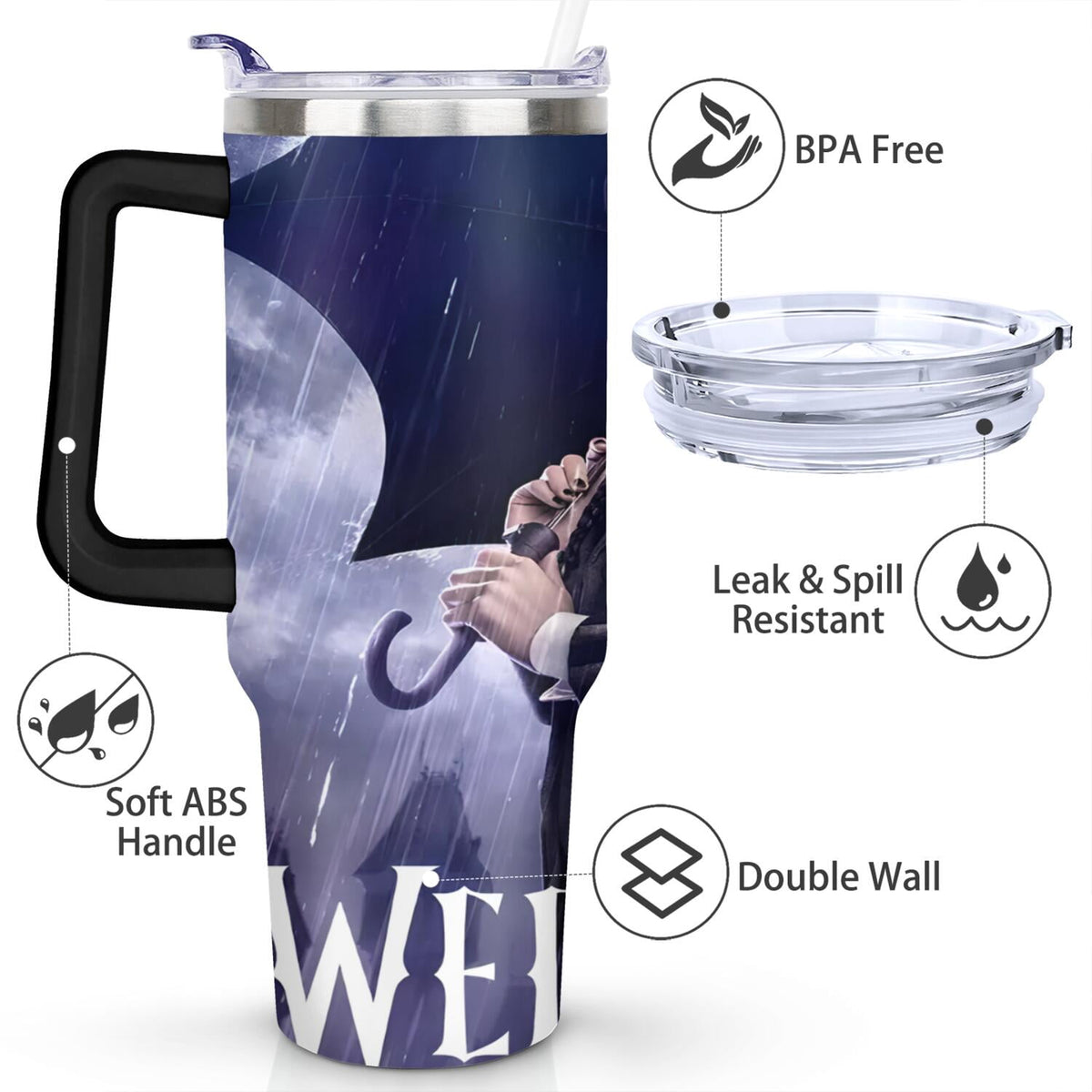 Lunabuddy™ 40oz Wednesday Girl Stainless Steel Tumbler with Lid and Straw,Wednesday Stuff Merchandise Spill Proof Travel Cup Double Wall Vacuum Insulated Coffee Mug with Handle Black