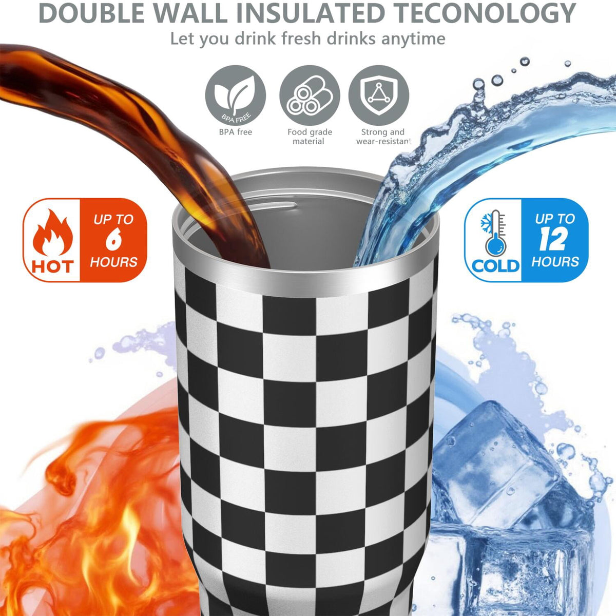 Lunabuddy™ 1pc Black and white grid 30oz Tumbler with Straw & Handle - Insulated Stainless Steel Cup | Holiday Gift for Man Women (Christmas, Valentine's, Birthday)