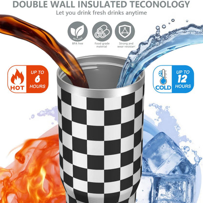 Lunabuddy™ 1pc Black and white grid 30oz Tumbler with Straw & Handle - Insulated Stainless Steel Cup | Holiday Gift for Man Women (Christmas, Valentine's, Birthday)