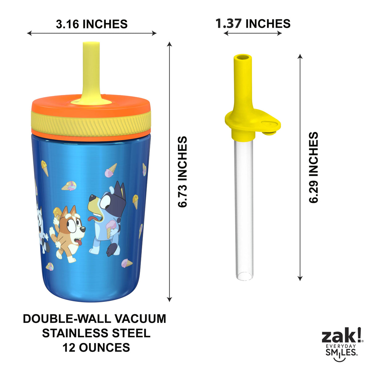 Lunabuddy™ 12oz and 15oz 2-Pack Straw Tumbler Stainless Steel and Plastic with Additional Straw Leakproof and Perfect for Kids, Bluey
