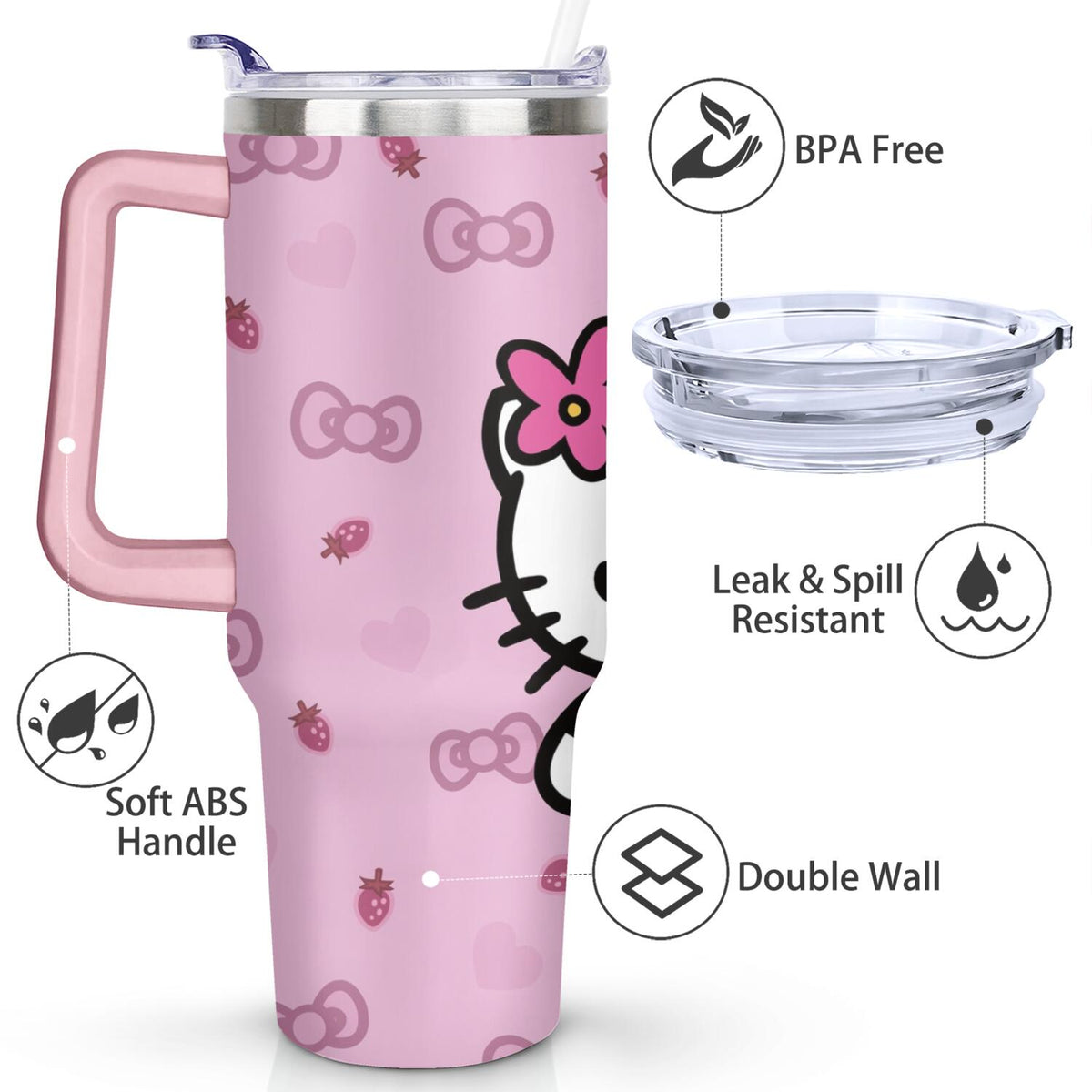 Lunabuddy™ 40oz Hello Kawaii Cat Cute Stainless Steel Tumbler with Lid and Straw,Spill Proof Travel Cup Double Wall Vacuum Insulated Coffee Mug with Handle Pink