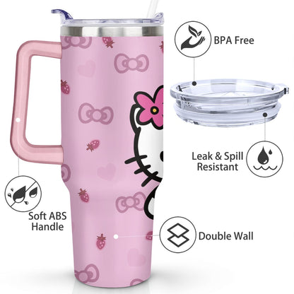 Lunabuddy™ 40oz Hello Kawaii Cat Cute Stainless Steel Tumbler with Lid and Straw,Spill Proof Travel Cup Double Wall Vacuum Insulated Coffee Mug with Handle Pink