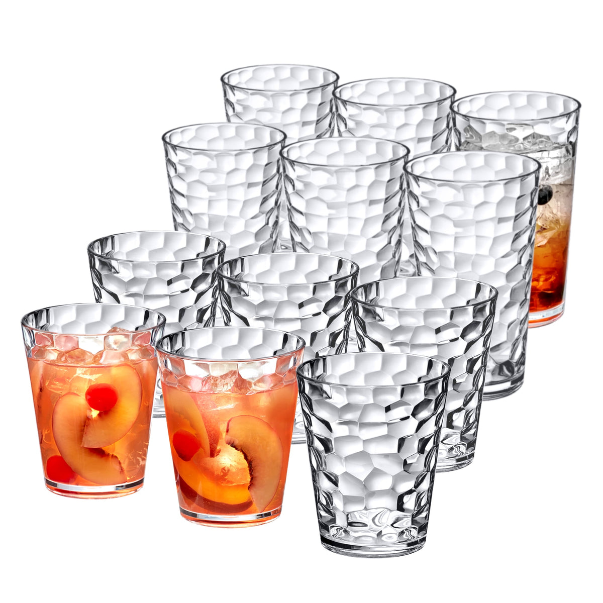 Lunabuddy™ Amazing Abby - Iceberg - 16-Ounce and 24-Ounce Plastic Tumblers (Set of 12), Plastic Drinking Glasses, All-Clear Reusable Plastic Cups, Stackable, BPA-Free, Shatter-Proof, Dishwasher-Safe