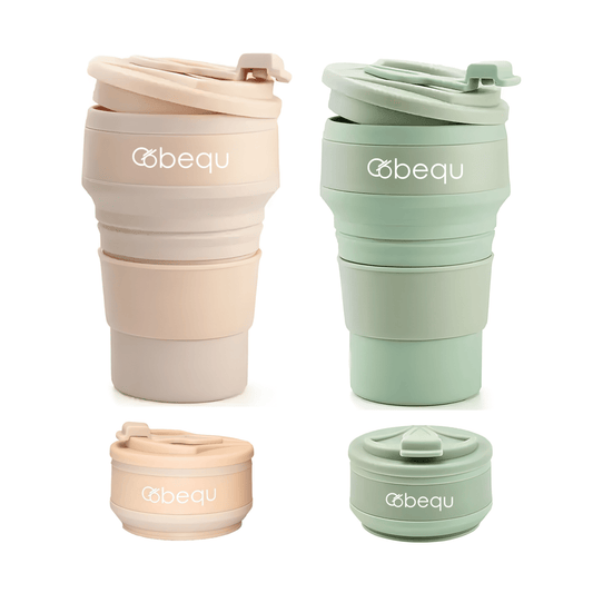 Lunabuddy™ BEQU 500ml/17 Fl Oz Collapsible Silicone Coffee Mug Tumbler, Reusable, BPA Free, Dishwasher-Safe, Leak Proof, Use for Home Office Sports Travel Gym Camping Hiking (2PK Pink-Green)