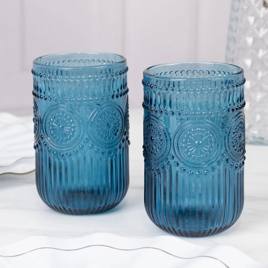 Lunabuddy™ BalsaCircle 6 Ocean Blue 14 oz Round Glass Tumblers with Vintage Floral Embossed Pattern Party Tableware Wedding Events Decorations Supplies