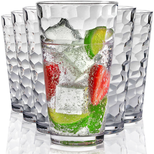 Lunabuddy™ Bravario Hammered Plastic Drinking Glasses Set of 6, 22 oz BPA-Free Highball Tumblers