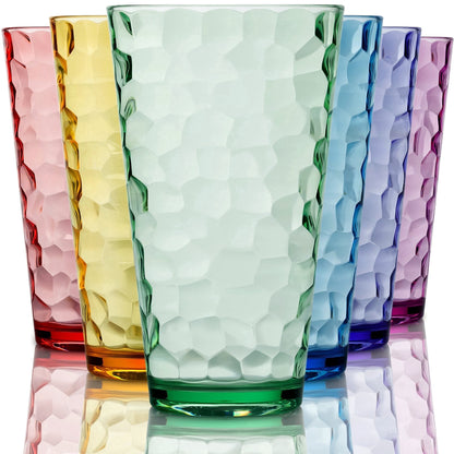 Lunabuddy™ Bravario Hammered Plastic Drinking Tumbler, Dishwasher-Safe Water Glasses, BPA-Free Reusable Mixed Colors Assorted Stackable Cups, 22 oz Set of 6