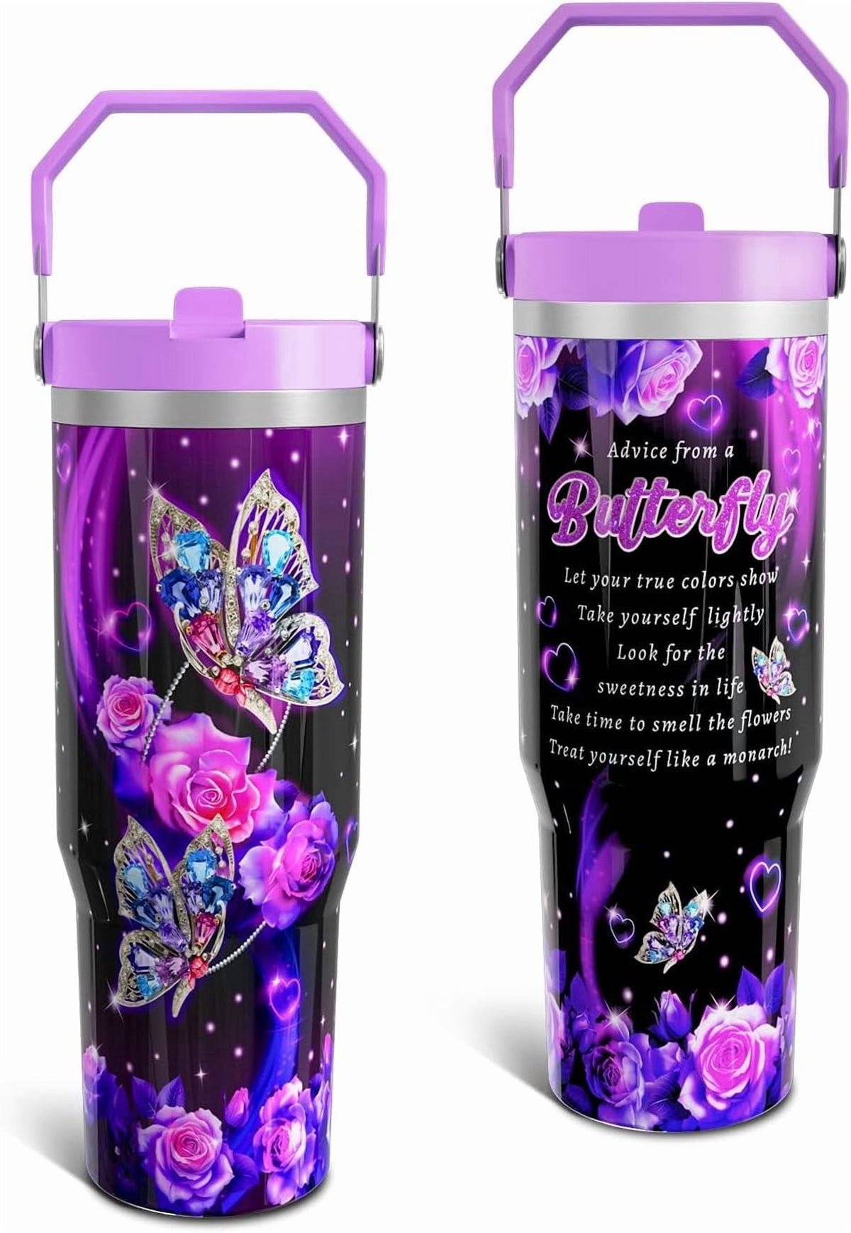 Lunabuddy™ Butterfly Gifts Tumbler for Women Mom, Butterflies Print Leakproof Coffee Travel Mug, 30 Oz Tumblers with Top Handle and Flip Straw, Water Bottle Cup Gift Ideal for Him Her (1 PC)