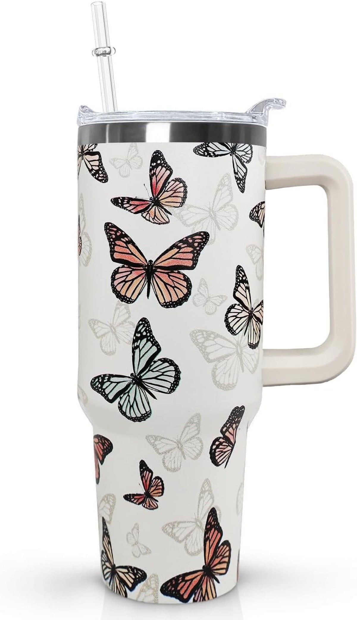 Lunabuddy™ Butterfly Tumbler With Handle, Lid and Straw - 40 Oz Water Bottle, Travel Coffee Cup Mug - Gifts for Women, Mom, Daughter, Girlfriend, Teenage Girls, Bridesmaid