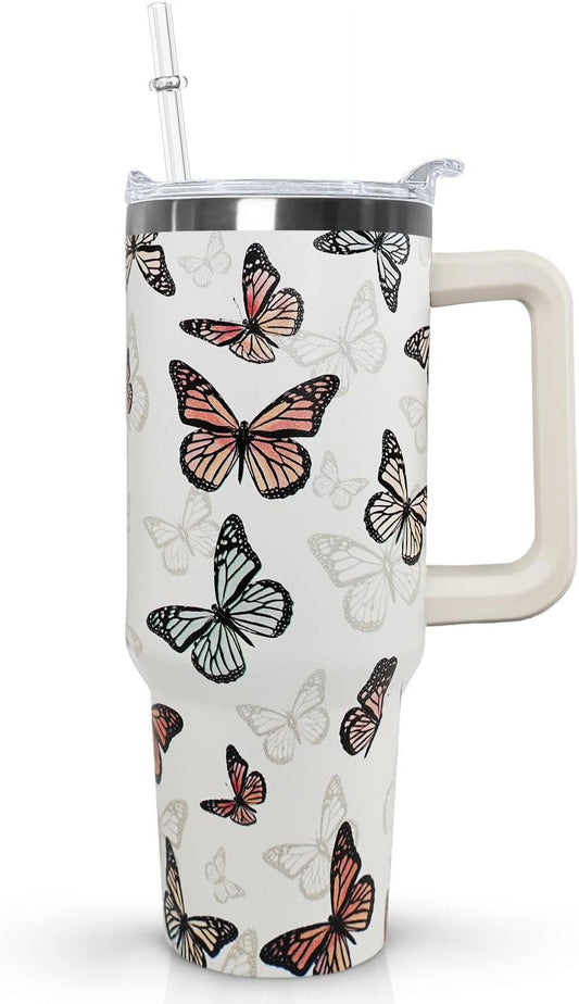 Lunabuddy™ Butterfly Tumbler With Handle, Lid and Straw - 40 Oz Water Bottle, Travel Coffee Cup Mug - Gifts for Women, Mom, Daughter, Girlfriend, Teenage Girls, Bridesmaid