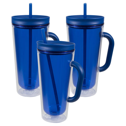 Lunabuddy™ COOL GEAR 3-Pack 26 oz Spritz Tumbler with Straw and Handle | Dual Function Closure, Colored Re-Usable Tumbler Water Bottle with Straw and Handle - Blueberry Pack