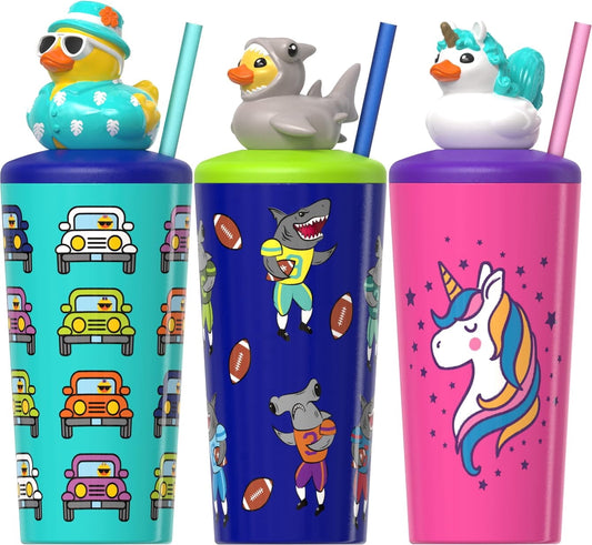 Lunabuddy™ COOL GEAR Pop Topper Kids Tumbler with Straw, Mix-and-Match Character Topper, BPA Free Reusable Cup - SHARK/ATV/UNICORN (3-Pack)
