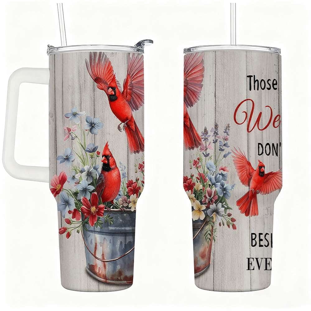 Lunabuddy™ Cardinal Insulated Tumbler with Lid and Straw, Stainless Steel Travel Mug with Handle, Floral Rustic Cardinal Cup, Double Wall Hot Cold Drink Tumbler, Gift for Women & Nature Lovers